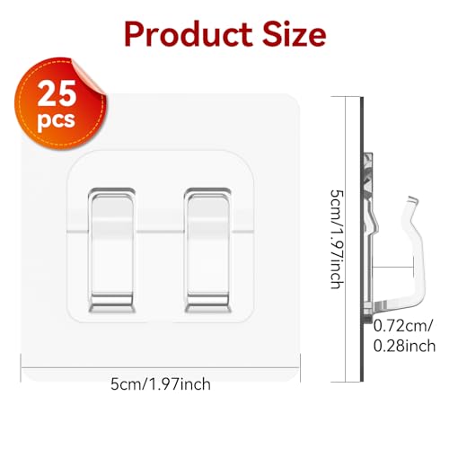 25 Pack Heavy Duty Outdoor String Light Hooks, Clear Self-Adhesive Cord Clips
