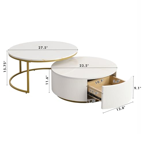 Modern Round Nesting Coffee Table Set with Storage Drawer, White and Gold