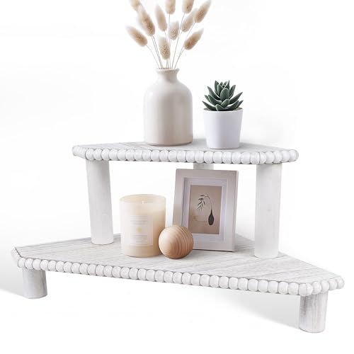 2-Tier Rustic Wood Corner Shelf, Farmhouse Countertop Organizer Riser