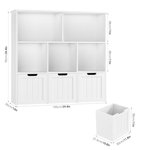 Kids Toy Storage Organizer with 3 Movable Drawers and Bookshelf, White