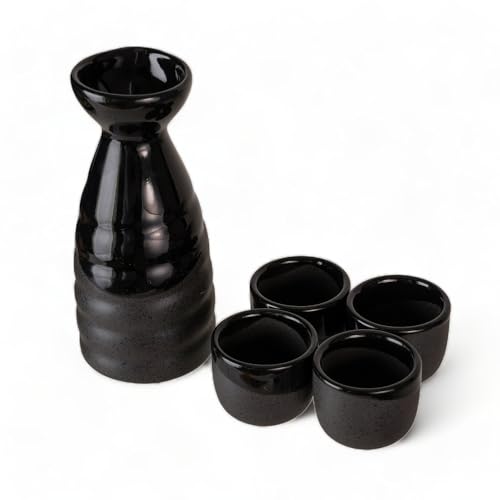 Urban Tokyo Japanese Sake Set with 1 Bottle & 4 Cups - Black Matte Gloss