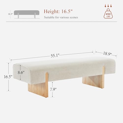 55-Inch Upholstered Bench with Solid Wood Legs, Beige Linen Bedroom Bench