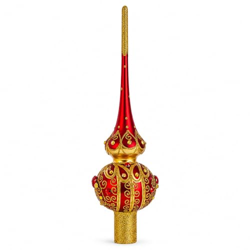 Golden Scrolls on Red Glass Christmas Tree Topper 11 Inches – Hand-Painted Ukrainian Craft