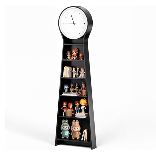 5-Tier Solid Oak Bookshelf with Silent Quartz Floor Clock Storage Cabinet