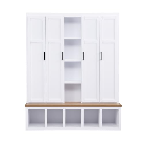 Modern Farmhouse Hall Tree with Shoe Storage Bench and 4-in-1 Entryway Cabinet