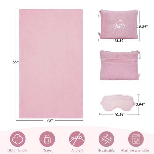 Compact Travel Blanket and Pillow Set with Eye Mask - 65x40 in, Pink
