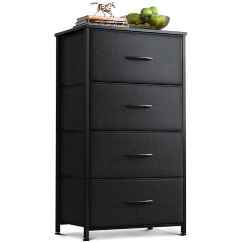 Small 4-Drawer Fabric Dresser with Wood Top & Steel Frame, Black
