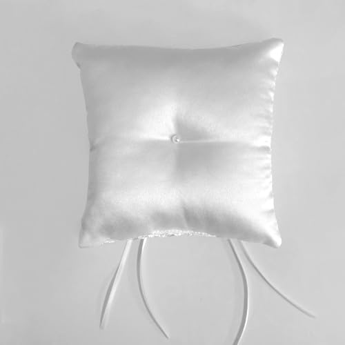 White Satin Ring Bearer Pillow with Floral Lace and Ribbon Bow, 6x6 Inch