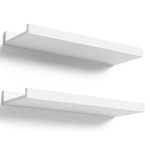 White Floating Wall Shelves with Lip Set of 2 - 16-Inch Display Ledge