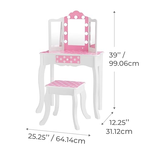 Polka Dot Kids Vanity Set with LED Mirror, Stool and Drawer - Pink