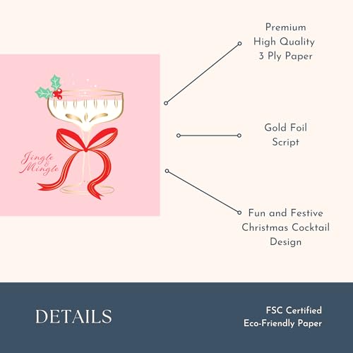 Bonjour Fete Pink Christmas Cocktail Napkins, Jingle & Mingle 5 Inch, 20 Pack