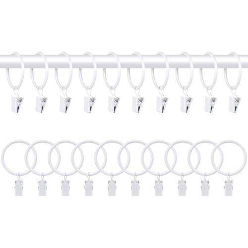 20 PCS White Metal Curtain Rings with Clips - 1.5 Inch Interior Diameter