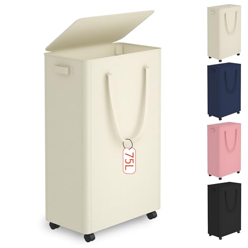 Vincona Slim Rolling Laundry Hamper with Lid and Wheels - 75L Tall Collapsible Clothes Basket