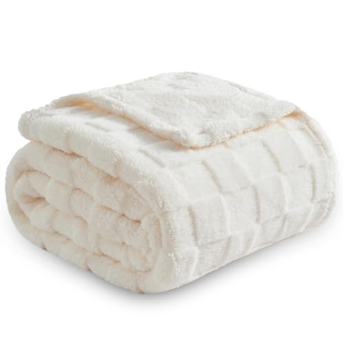NEWCOSPLAY Ivory Checkered Flannel Throw Blanket 50x70 - Reversible Soft Cozy Bed Couch Decor