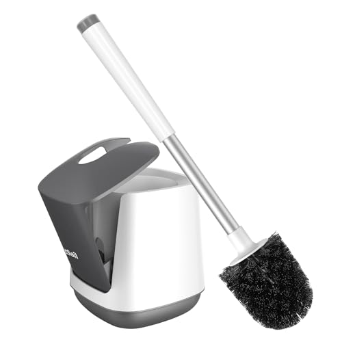 Toilet Brush and Holder Set - Auto Closing Lid & Long Handle Scrubber