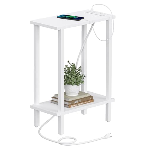 Narrow Side Table with Charging Station, 2-Tier Slim End Table, White