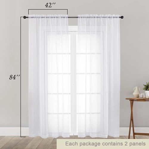 White Sheer Curtains 84 Inches Long - Light Filtering Rod Pocket Set, 2 Panels