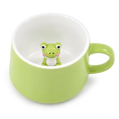 Merriva 11 oz Green Ceramic Frog Coffee Mug with Hidden Animal Surprise - Novelty Gift for Frog Lovers