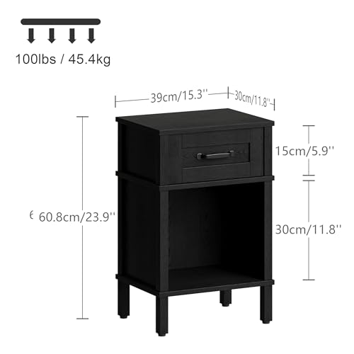 Modern Black Nightstand with Drawer - Small Wooden Bedside End Table