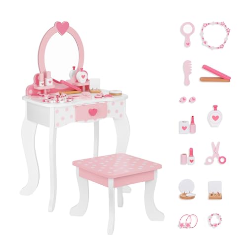 Kids Vanity Set with Mirror, Chair, and 15-Piece Makeup Accessories