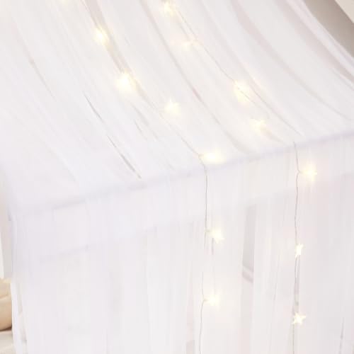 White Sheer Voile Bed Canopy Curtains with Star Lights for Kids House Beds