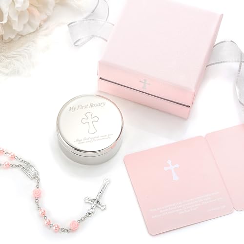 Baby Girl Baptism Gift Set - Pink Rosary with Silver Keepsake Box