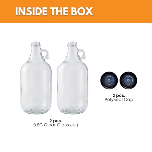 0.5 Gallon Glass Jugs with Polyseal Caps 2 Pack Clear Growlers