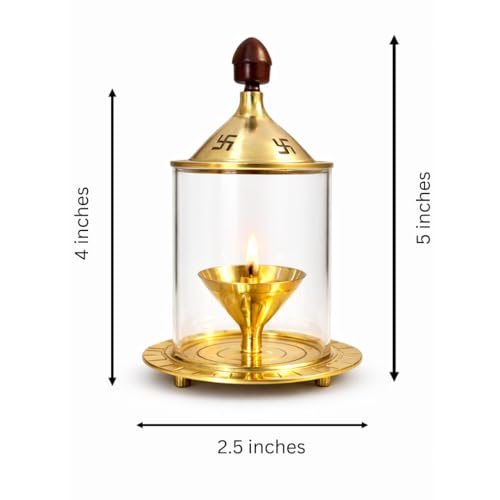 Brass Akhand Jyoti Diya Oil Lamp with Glass Wind Protector (4 Inch)