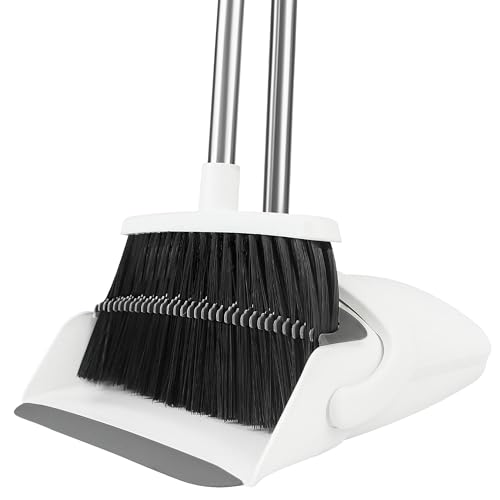Broom and Dustpan Set with 52" Adjustable Handle & Dustpan Comb, White