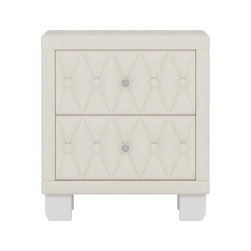 Velvet Upholstered Nightstand with 2 Drawers and Crystal Handles, Beige