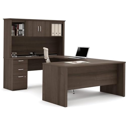 66-Inch U-Shaped Office Desk with Hutch, File Cabinets & Bookcase - Antigua Finish