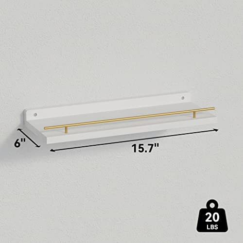 Set of 3 Floating Shelves with Gold Metal Guardrail, White Wood Wall Shelves