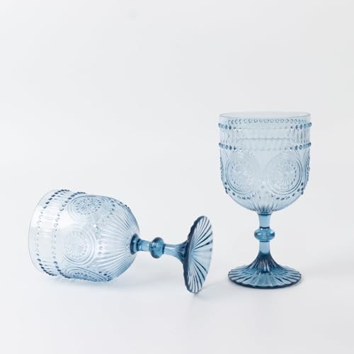 12-Pack 15oz Vintage Embossed Plastic Wine Goblets - Dusty Blue Shatterproof
