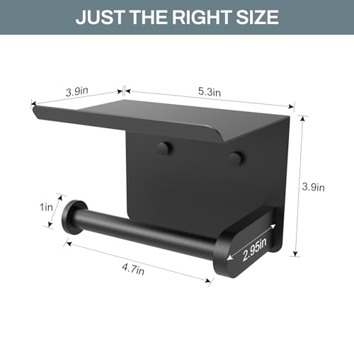 Matte Black Toilet Paper Holder with Shelf - Stainless Steel Wall Mount