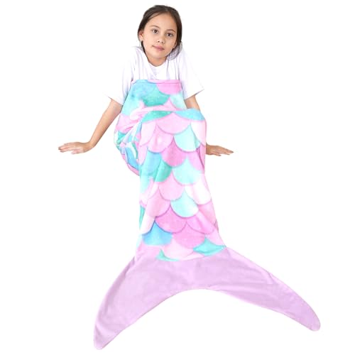 Kids Mermaid Tail Blanket - Soft Plush Flannel Wearable Blanket for Girls
