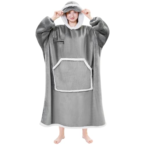 Oversized Sherpa Wearable Blanket Hoodie with Eye Mask - Grey Soft Flannel