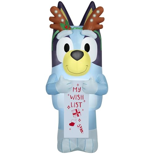 Gemmy 4.5 ft Bluey Christmas Inflatable with Reindeer Antlers and Wish List