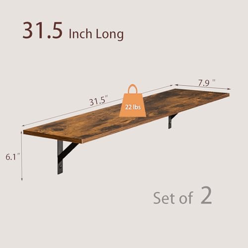 31.5-inch Floating Wall Shelves with Metal Brackets - Set of 2, Rustic Brown