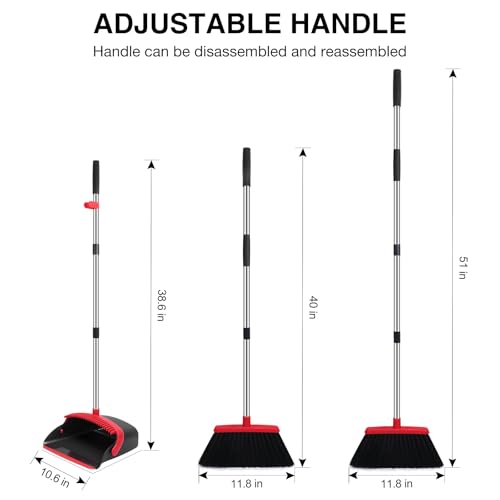 Broom and Dustpan Set with Built-In Comb Teeth, 52-Inch Long Handle - 2 Pack