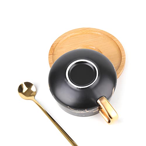 Ceramic Coffee Tea Mug Set with Stainless Steel Spoon & Bamboo Saucer, 10 oz - White & Black