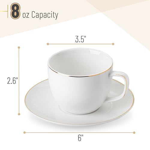 Daisy White Gold Trim 8oz Coffee & Tea Cups with Saucers Set of 12 – Brew To A Tea