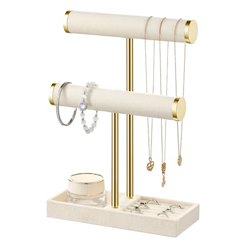 2-Tier Velvet Jewelry Stand and Bracelet Holder Organizer in Beige