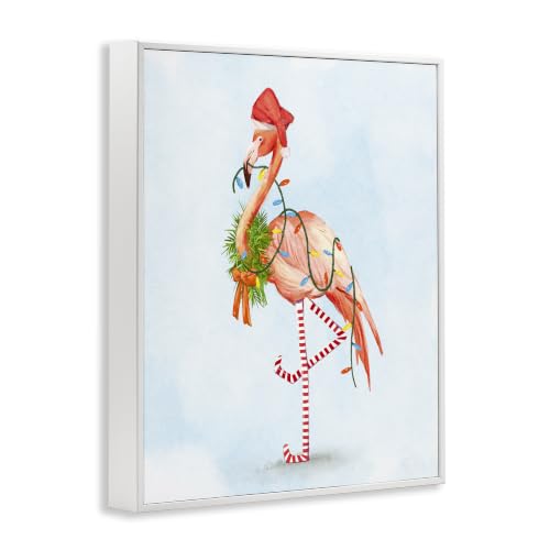 Coastal White Framed Flamingo Christmas Wreath Wall Art 16x20 Inches