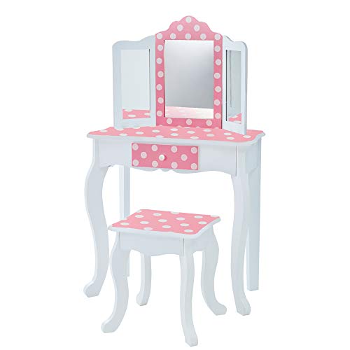 Kids Wooden Play Vanity Set with Tri-Fold Mirror, Drawer, and Matching Stool