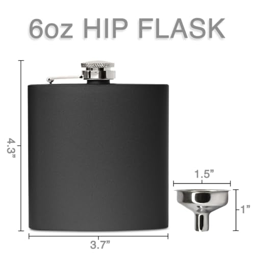Clear Water Home Goods 6oz Matte Black Stainless Steel Hip Flask with Funnel & Gift Box