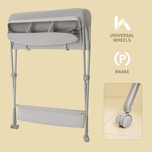 Portable Baby Changing Table with Wheels, 4-Level Height Adjustable Station