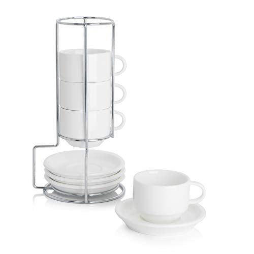 Sweese White 2.5oz Stackable Espresso Cups with Saucers & Metal Stand Set of 4