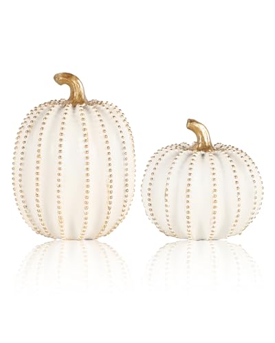 Set of 2 White & Gold Decorative Pumpkins for Fall Decor