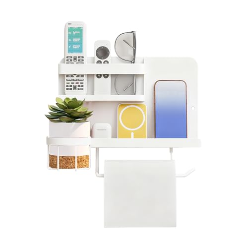 Wall-Mounted Bedside Organizer with Cup and Tissue Holder - White Metal