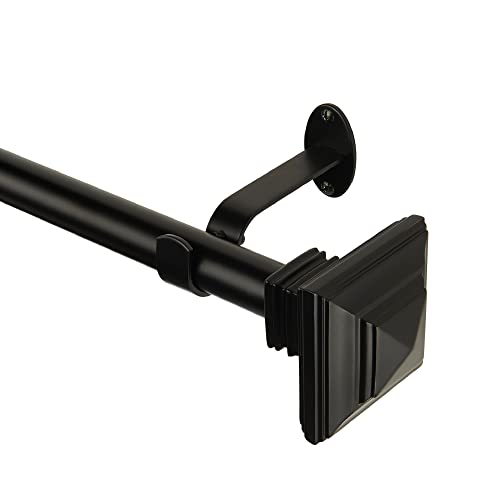 Adjustable Single Curtain Rod with Stacked Square Finials, Antique Black
